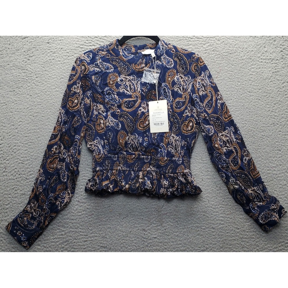 Cleobella Noreen Blouse Womens XS Navy Nutmeg Paisley Long Sleeve Smocked Hem